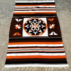 Vintage 70s Brown Orange Wool Woven Sun Aztec Mayan Southwestern Blanket Rug